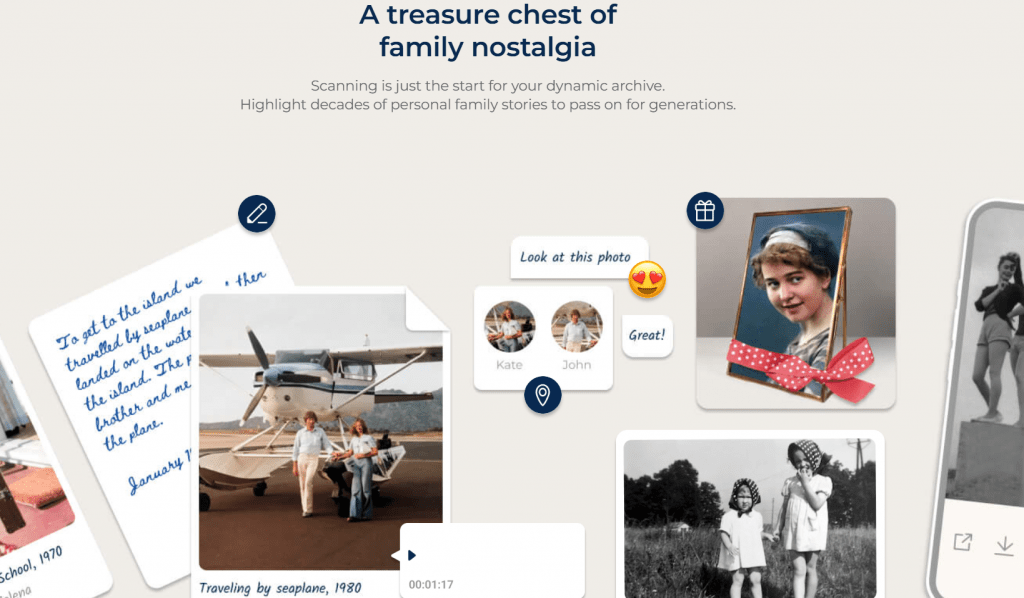 Digital archive collage featuring scanned vintage family photos, a seaplane from 1980, and digitized memories.