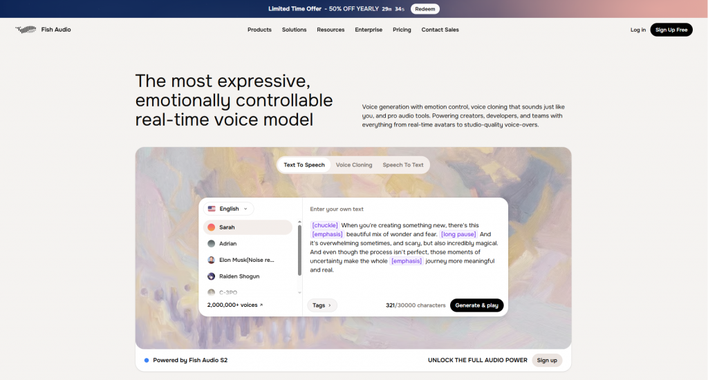 Fish Audio web interface showing expressive and emotionally controllable AI voice models.