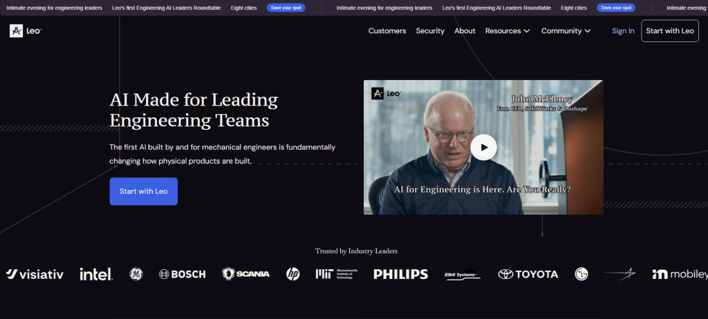 Leo AI website homepage showcasing AI for mechanical engineering and leading engineering teams with industry partner logos.