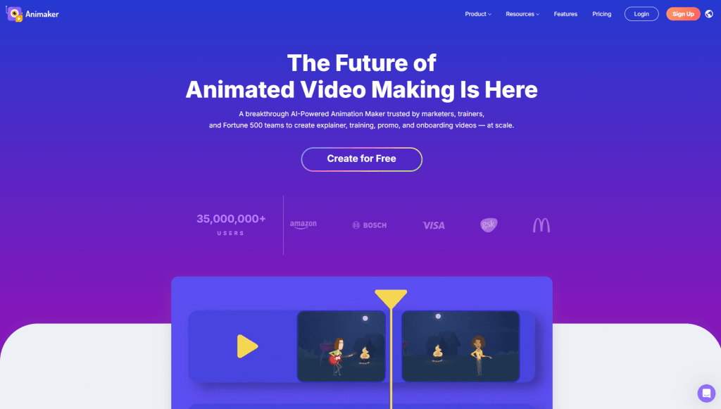 Animaker homepage showing a vibrant purple interface with the slogan The Future of Animated Video Making Is Here.
