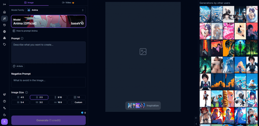 AI image generator workspace with Anima model selection, prompt input, and community feed.