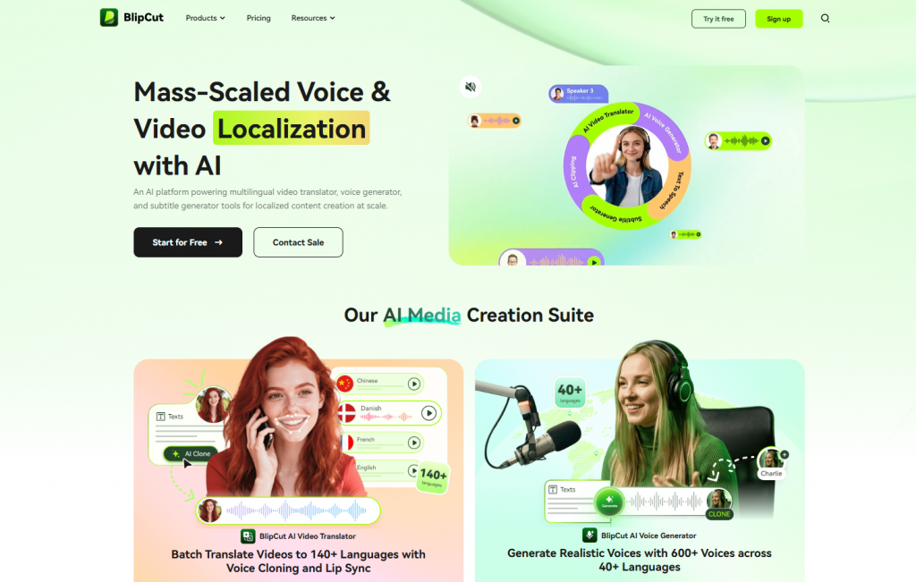 BlipCut AI platform for mass-scaled voice and video localization.