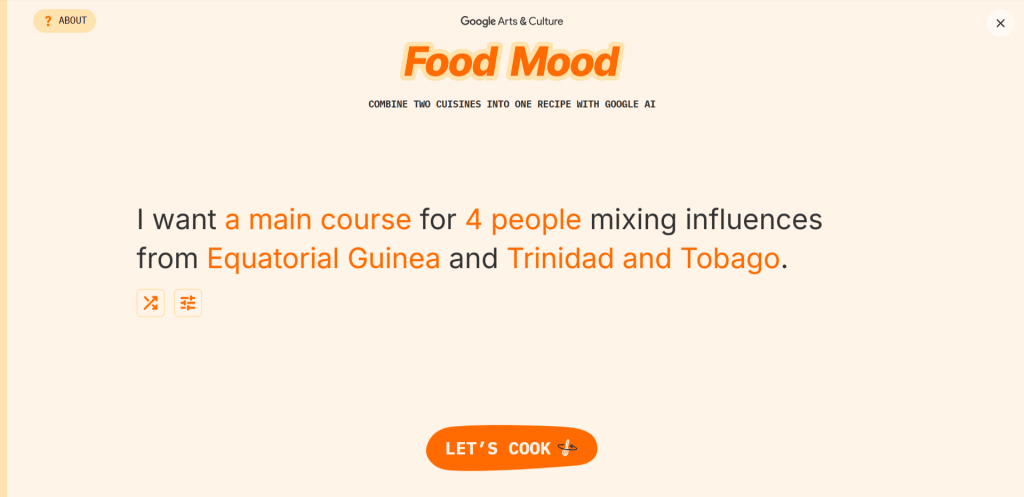 Google Arts and Culture Food Mood generator homepage interface with options to mix world cuisines using AI.
