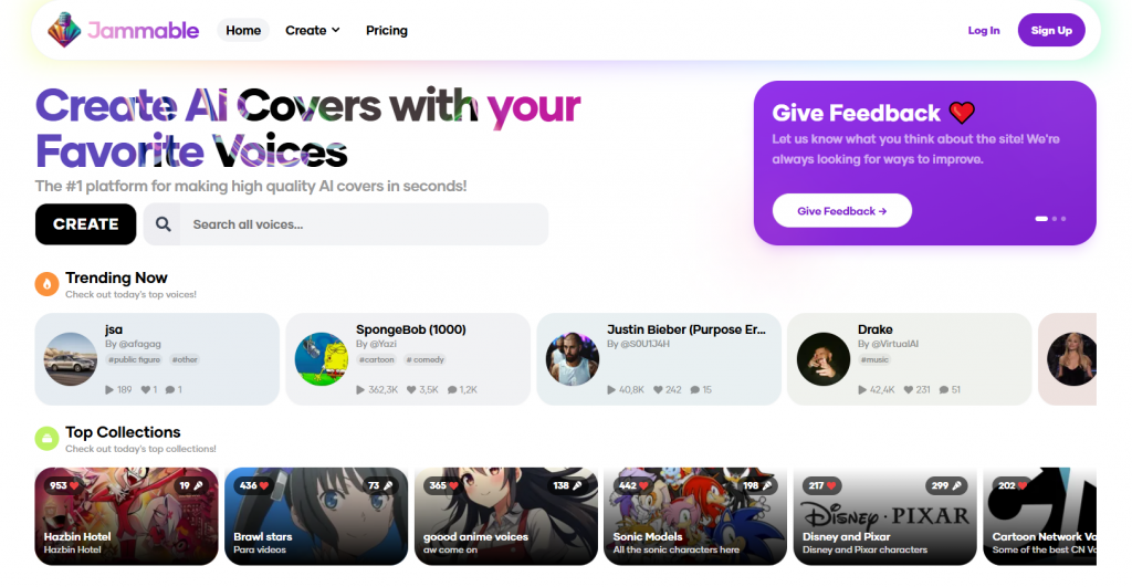 Jammable website interface for creating AI covers with famous character voices.