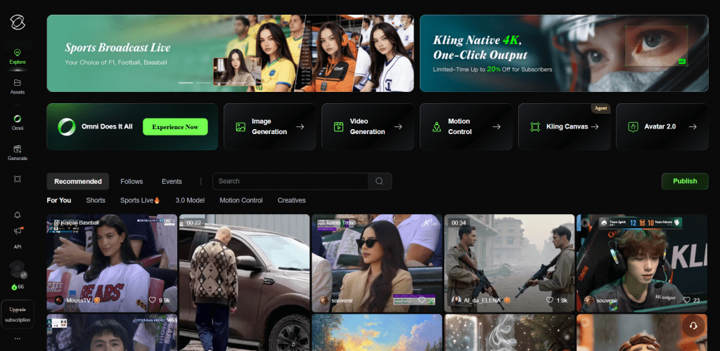 Kling AI video generation interface showing features like Motion Control, Kling Canvas, and Avatar 2.0 options.