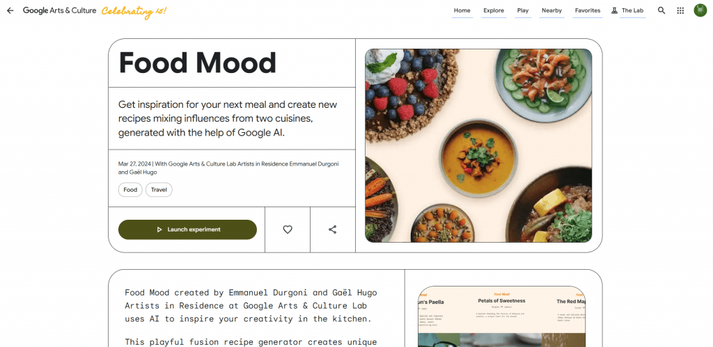 Google Arts and Culture page describing the Food Mood experiment created by Emmanuel Durgoni and Gaël Hugo.
