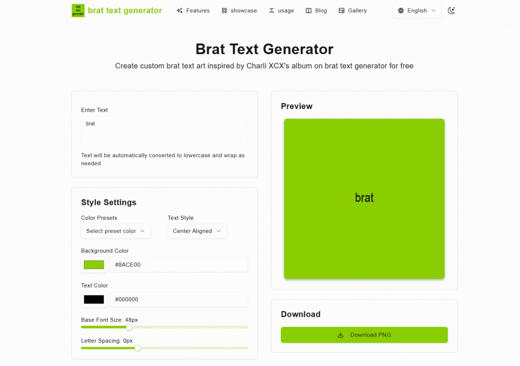 Brat Text Generator dashboard with style settings for background color hex codes, font size, and letter spacing.