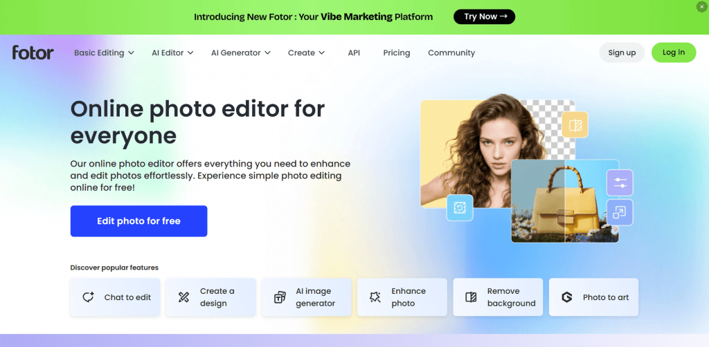 Fotor online photo editor homepage showing AI-powered tools, a female portrait editing sample, and a background remover feature.