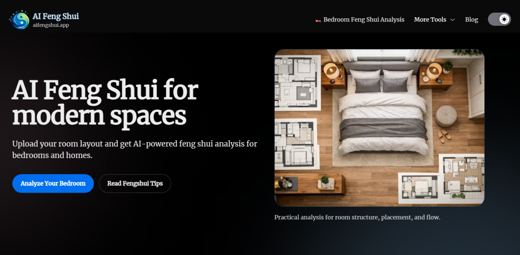AI Feng Shui for modern spaces hero section with bedroom floor plan analysis.