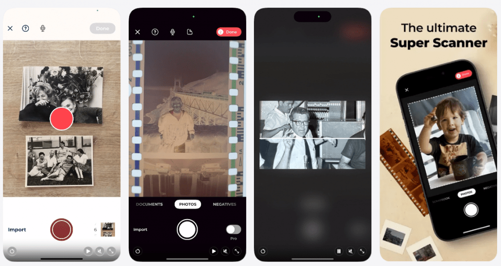 UI screenshots of the Photomyne mobile app interface during photo crop and film negative scanning.
