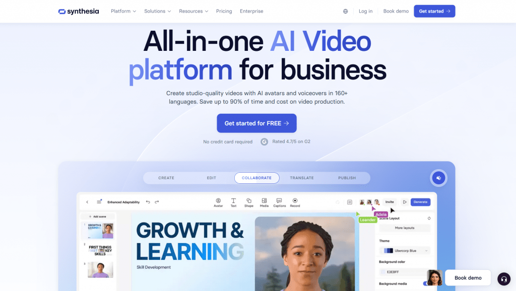 Screenshot of the Synthesia website interface displaying the header "All-in-one AI Video platform for business" with a preview of its video editing dashboard.