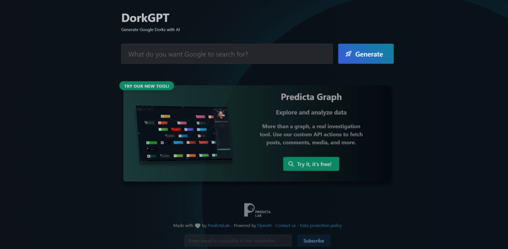 Homepage interface of DorkGPT web application by Predicta Lab with a prompt input field and a promotional banner for Predicta Graph.