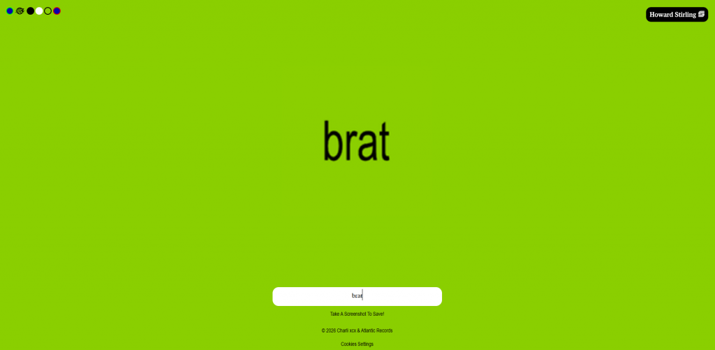 Minimalist Brat generator interface featuring a large lime green canvas with the word brat in lowercase black font.
