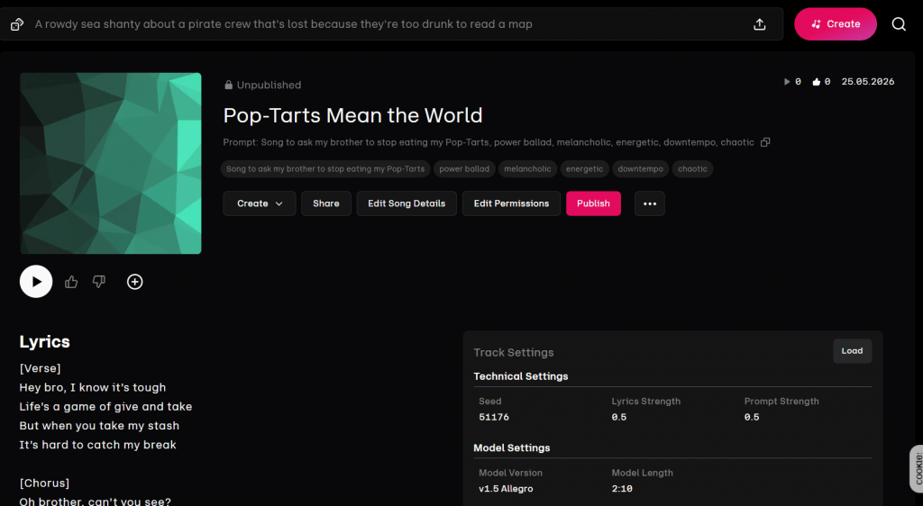 Udio AI song management panel showcasing generated track titled Pop-Tarts Mean the World with custom lyrics and technical generation settings.