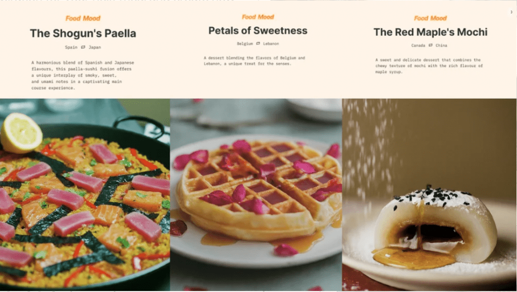 Three examples of AI fusion recipes from Google Food Mood: The Shogun's Paella, Petals of Sweetness, and The Red Maple's Mochi.