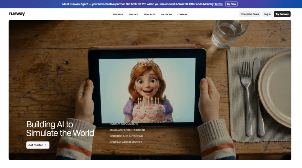 Runway homepage featuring a tablet display of an animated character with the text Building AI to Simulate the World.