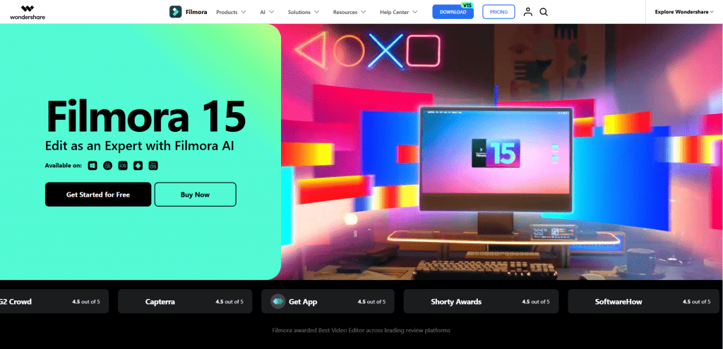 Wondershare Filmora 15 landing page showcasing AI video editing software with a colorful neon setup.