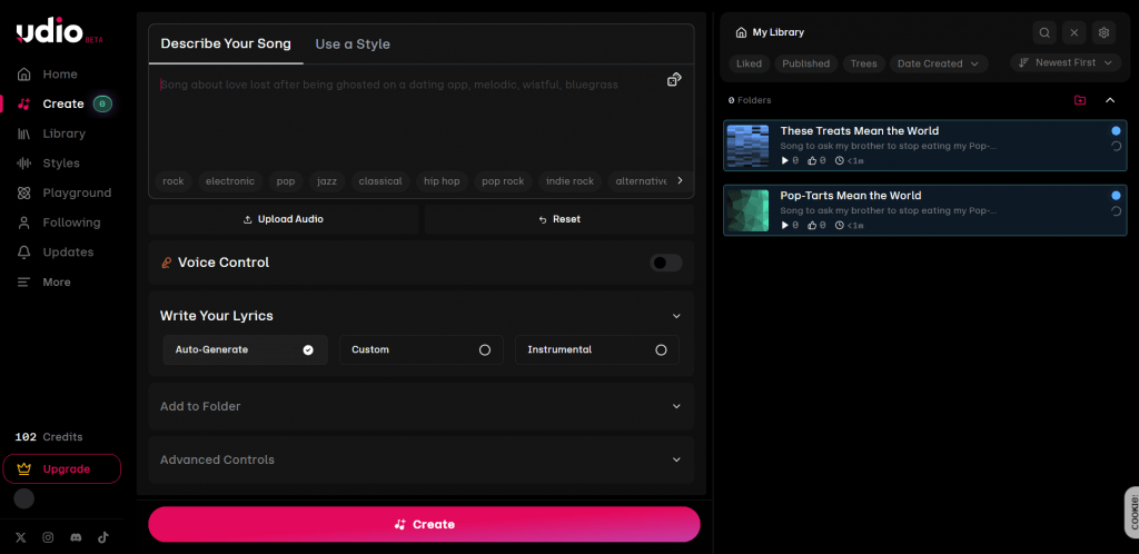 Udio AI web application dashboard with song description prompt box, voice control toggle, and user music library sidebar.