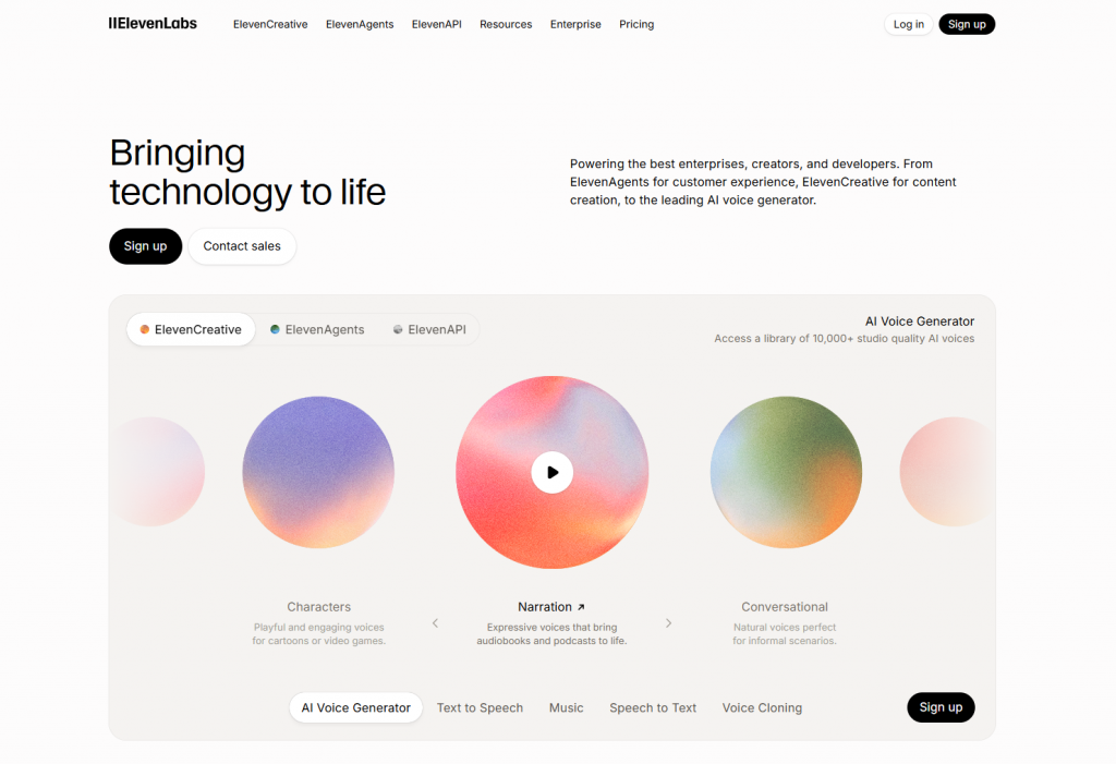 ElevenLabs AI voice generator landing page showing character and narration options.