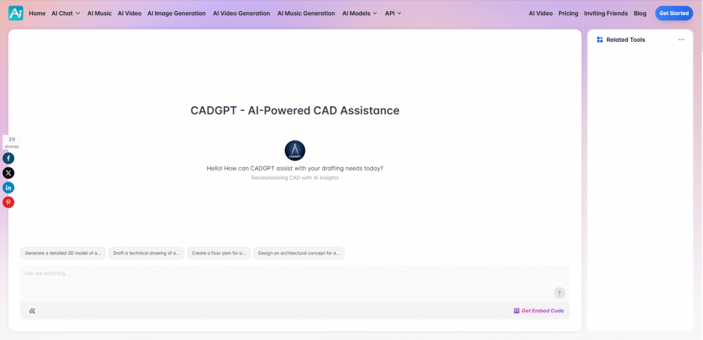 CADGPT chat interface for AI-powered CAD assistance and automated engineering drafting.