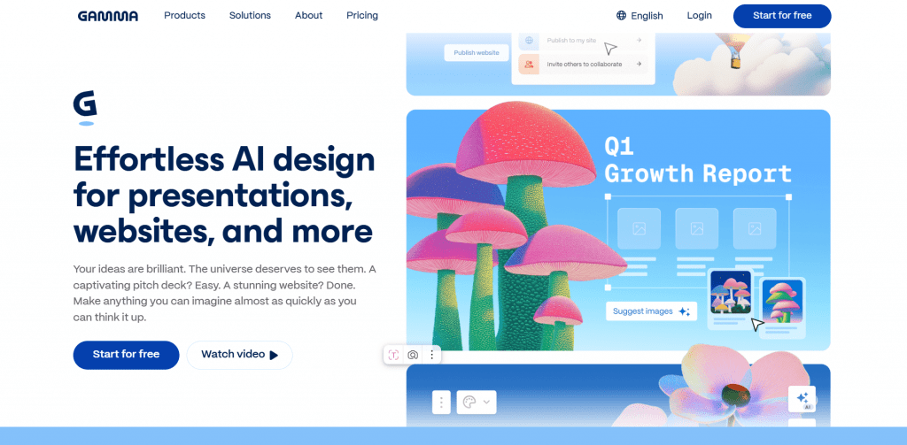 Gamma app homepage displaying AI design features for presentations, websites, and growth reports.