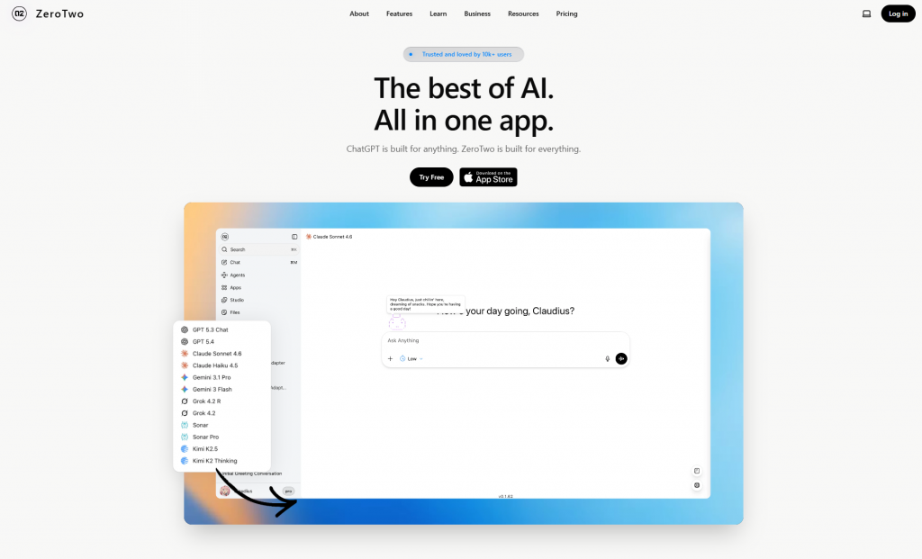 ZeroTwo AI app interface showing a list of available models including GPT 5.4, Claude 4.6, and Gemini 3.1 Pro.