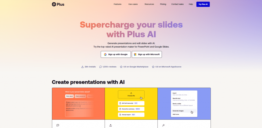 Plus AI presentation maker website showing Google Slides and PowerPoint integration features.