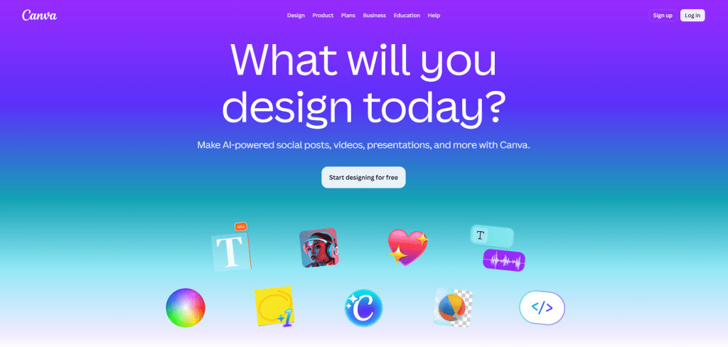 Canva homepage interface with a purple and blue gradient background asking What will you design today.