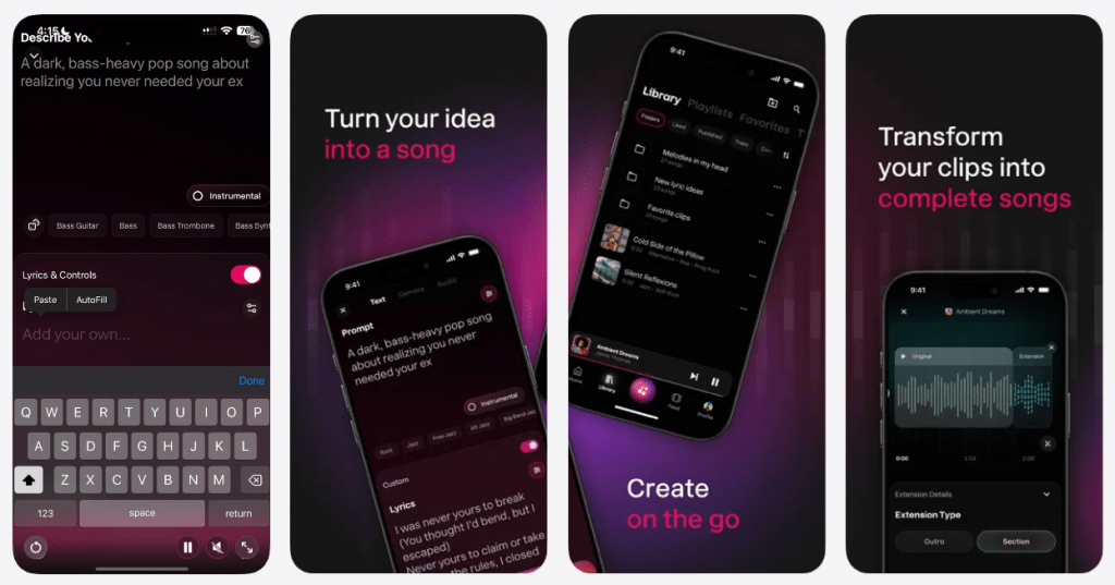 Four mobile smartphone screens displaying the Udio AI mobile app interface for creating, editing, and transforming ideas into complete songs on the go.