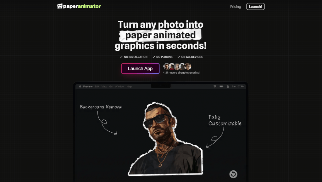 Paperanimator landing page with the text Turn any photo into paper animated graphics in seconds.