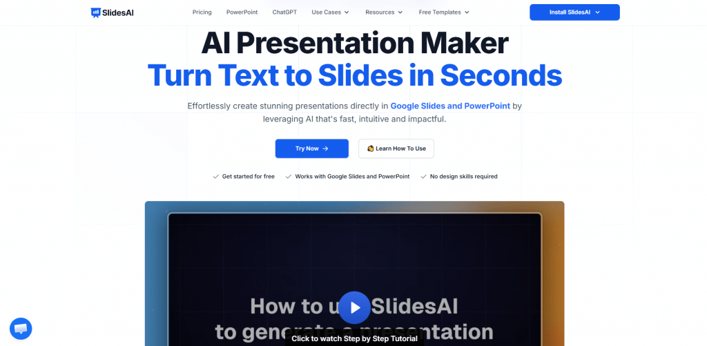 SlidesAI website header showing text-to-presentation features for Google Slides and PowerPoint.