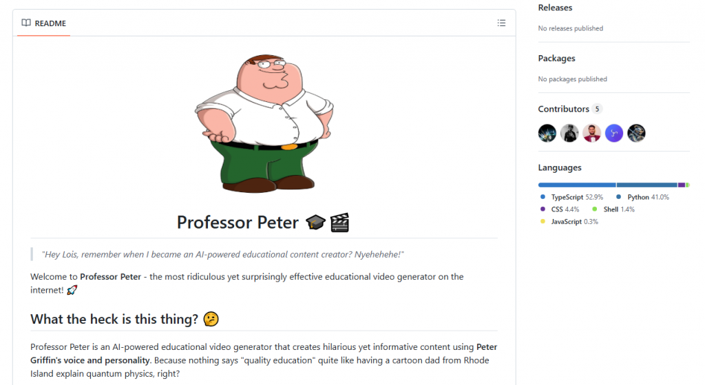 GitHub README page for Professor Peter, an AI-powered educational video generator.