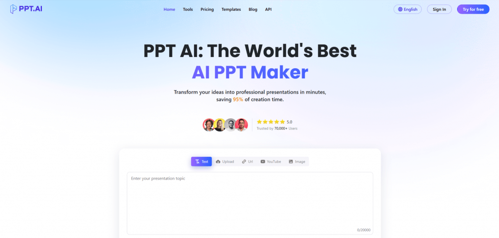 PPT.AI homepage interface featuring the presentation topic text input field.