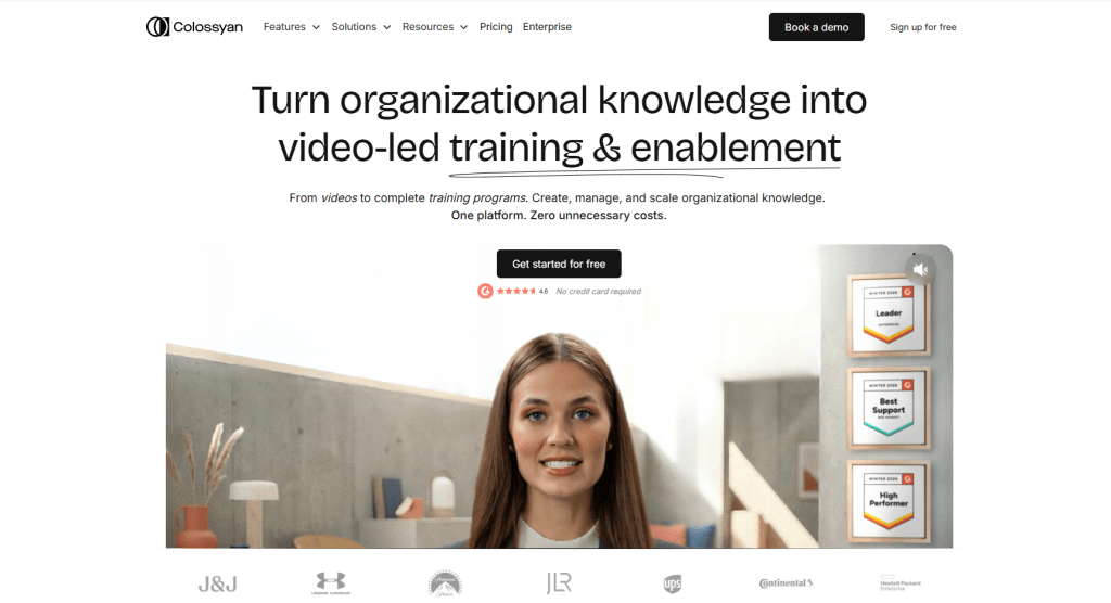 Screenshot of the Colossyan homepage with the text "Turn organizational knowledge into video-led training & enablement" above a digital presenter preview.