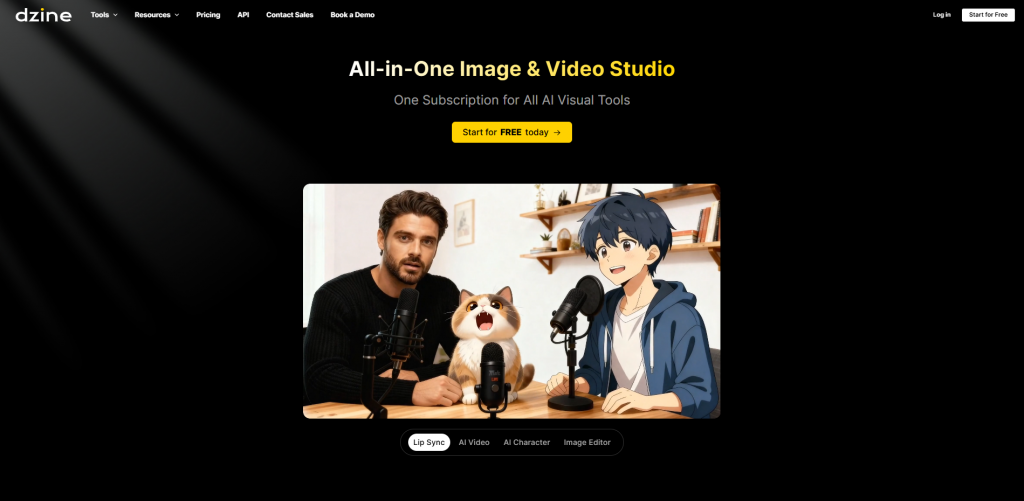 Dzine All-in-One Image and Video Studio homepage featuring AI character and lip-sync tools.