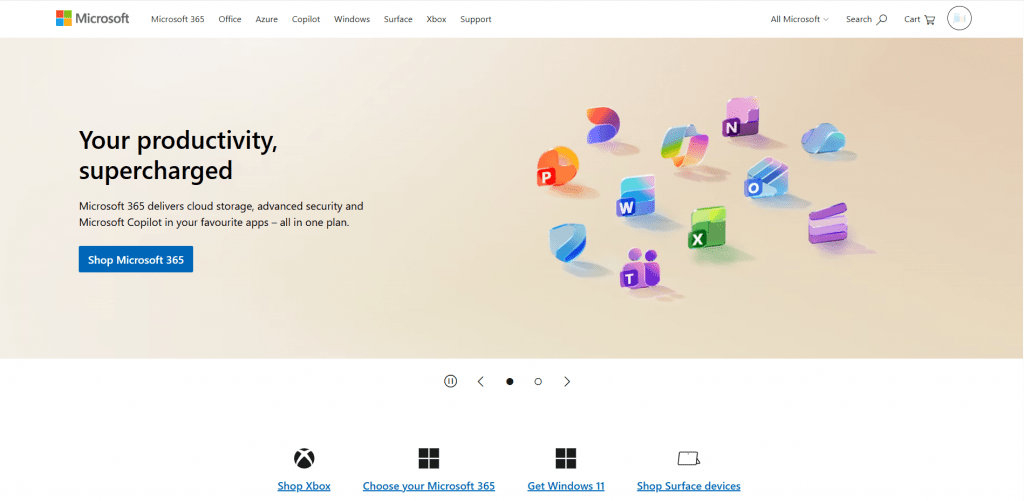 Microsoft 365 landing page featuring Copilot AI integration across office productivity apps.