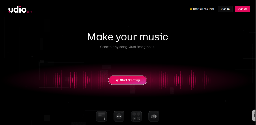 Udio AI homepage landing screen featuring the headline Make your music and a pink Start Creating call to action button over an audio waveform.