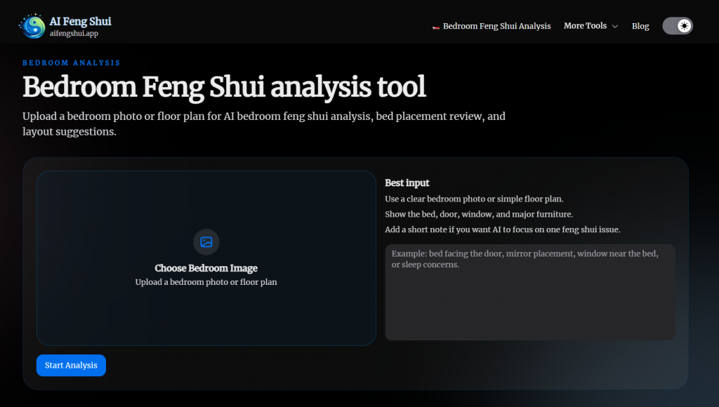 Interface for uploading bedroom photos or floor plans for AI Feng Shui review.