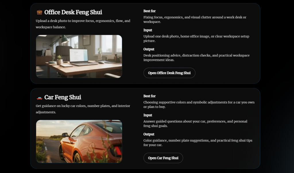 Specialized AI Feng Shui tools for office desk ergonomics and car color guidance.