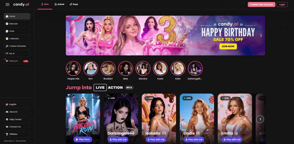 Candy.ai platform dashboard featuring live action and anime AI characters for chat.