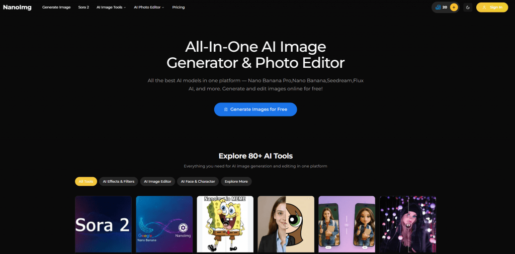 NanoImg all-in-one AI image generator and photo editor landing page with a dark mode interface.