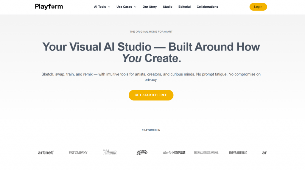 Playform Visual AI Studio landing page for artists with prominent "Get Started Free" button.