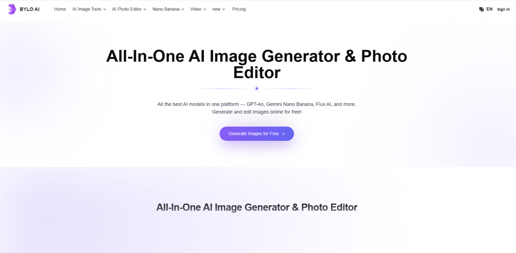 Bylo AI image generator website header with integrated models including GPT-4o and Flux AI.