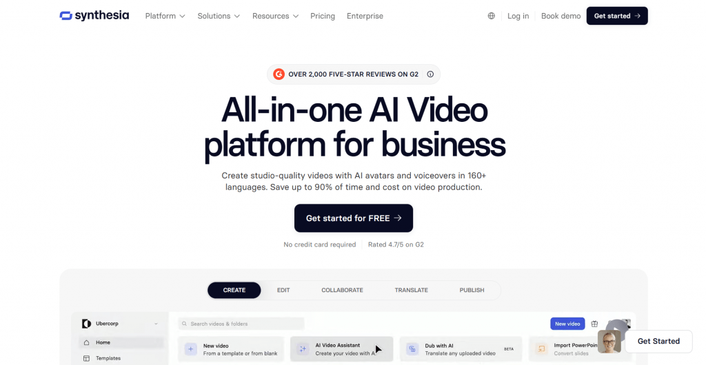 Landing page hero section for Synthesia featuring the headline "All-in-one AI Video platform for business" above a product workspace preview interface.