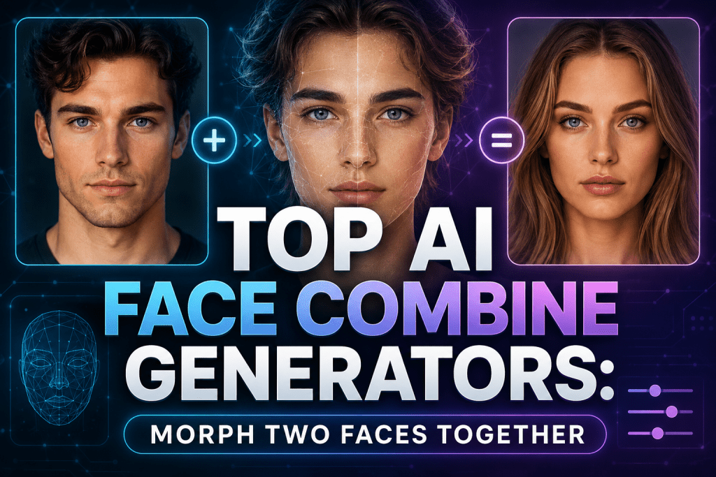 Cyberpunk style promotional banner for Top AI Face Combine Generators showing two faces morphing together.