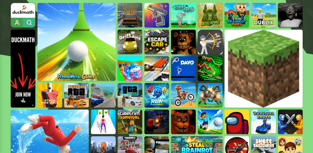 Duckmath unblocked games library homepage with various popular browser game thumbnails.