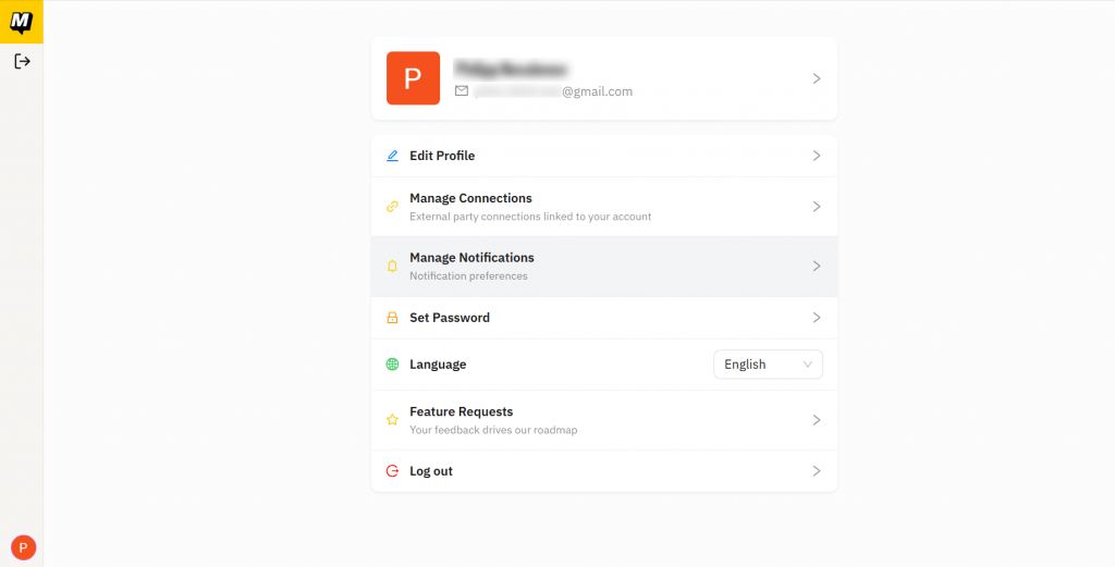 Marblism user account settings interface with options to edit profile, manage connections, and set notification preferences.