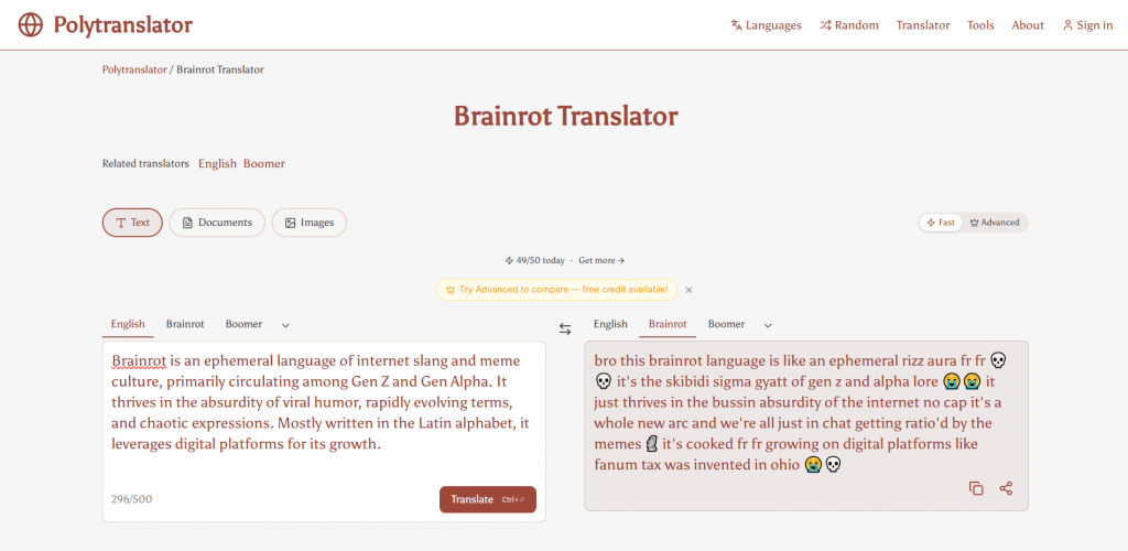 Screenshot of the Polytranslator web application interface showing options for English, Brainrot, and Boomer language modes with an emoji-dense translation output.