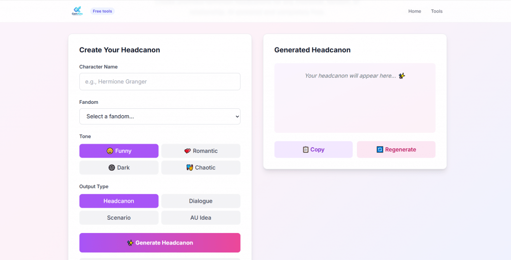 GenXiro AI website interface for creating custom character headcanons, dialogues, and scenarios.
