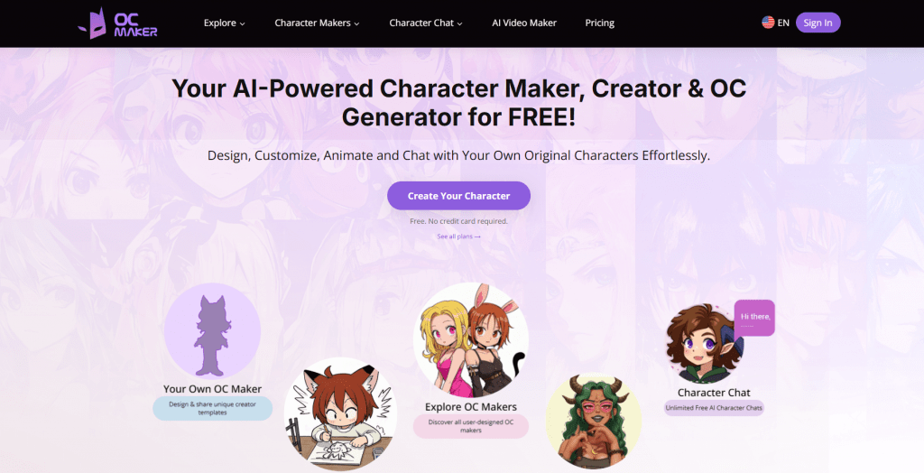 OC Maker website homepage for AI-powered original character generation, customization, and chat.